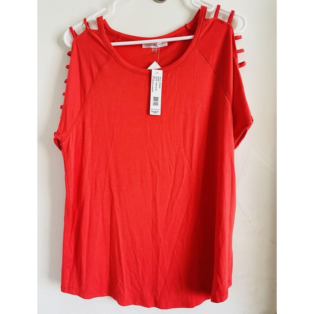 August Silk Women's Coral Jersey Stretch Strap Accent Round Neck Top L